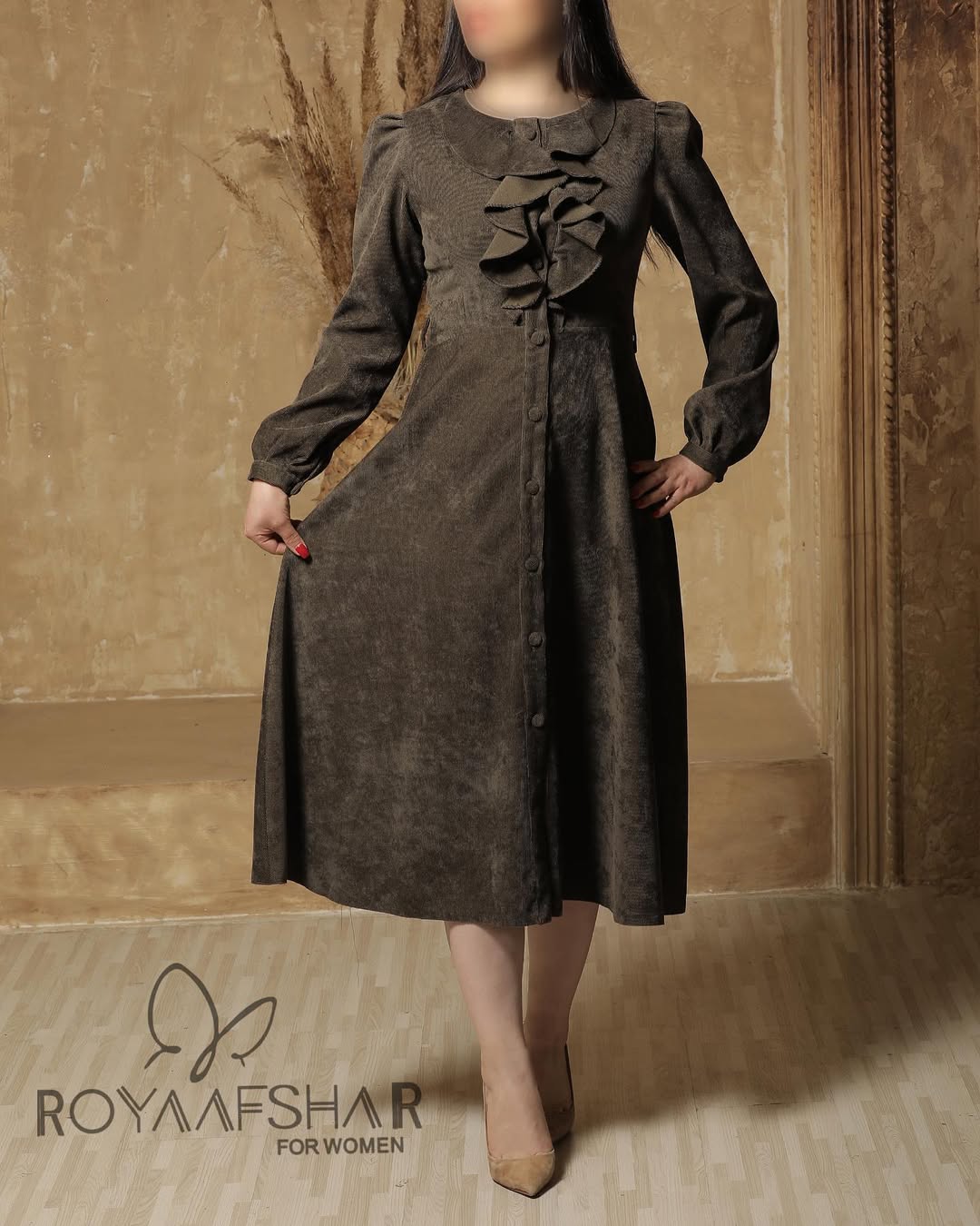 پیراهن مانتویی زنانه مخمل کبریتی